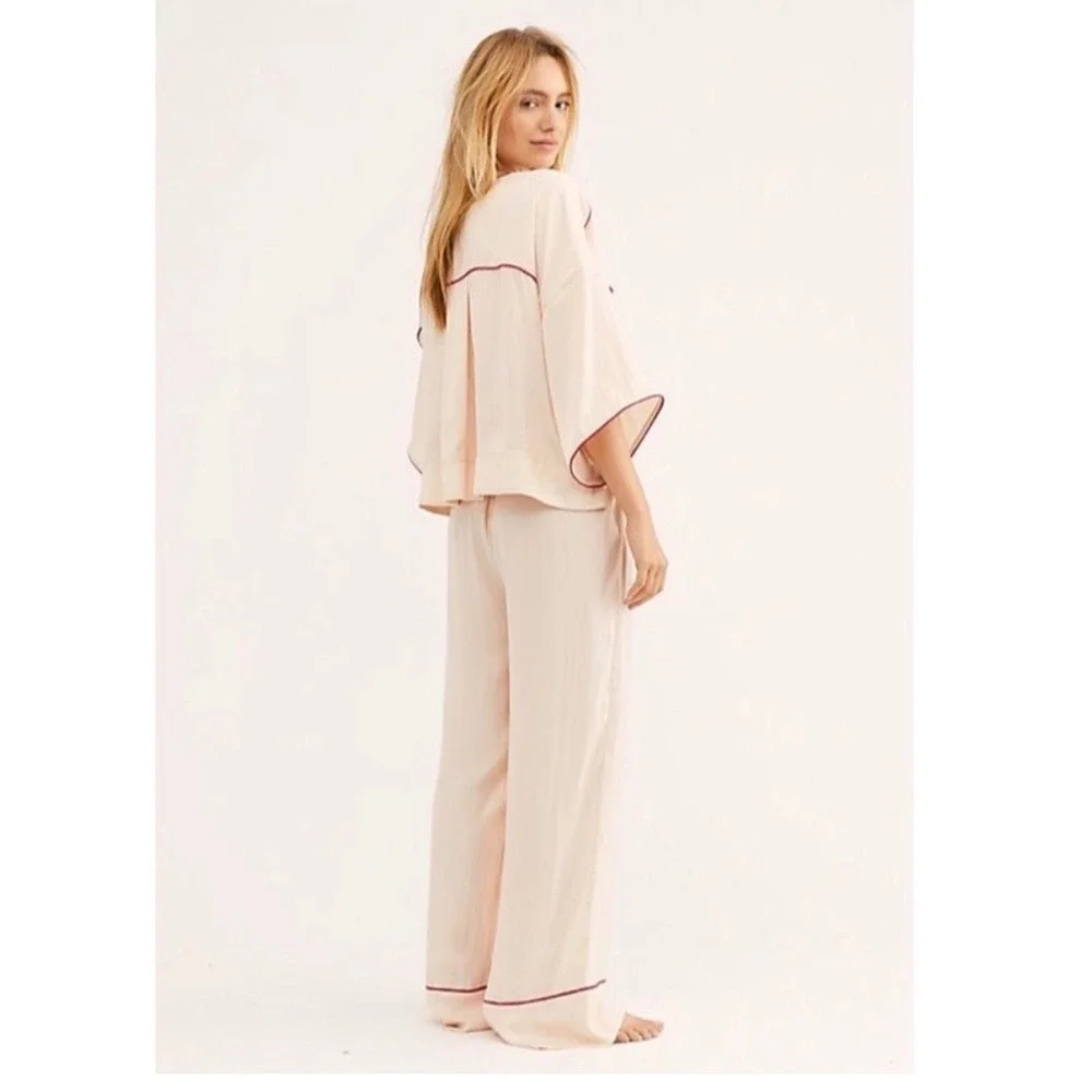 Free People Intimately Satin Pajama Set Sugar Pink Red Piping XS NEW